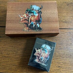 Deer Themed Wooden Hinged Box with Sealed Deck of White Tail Deer Playing Cards
